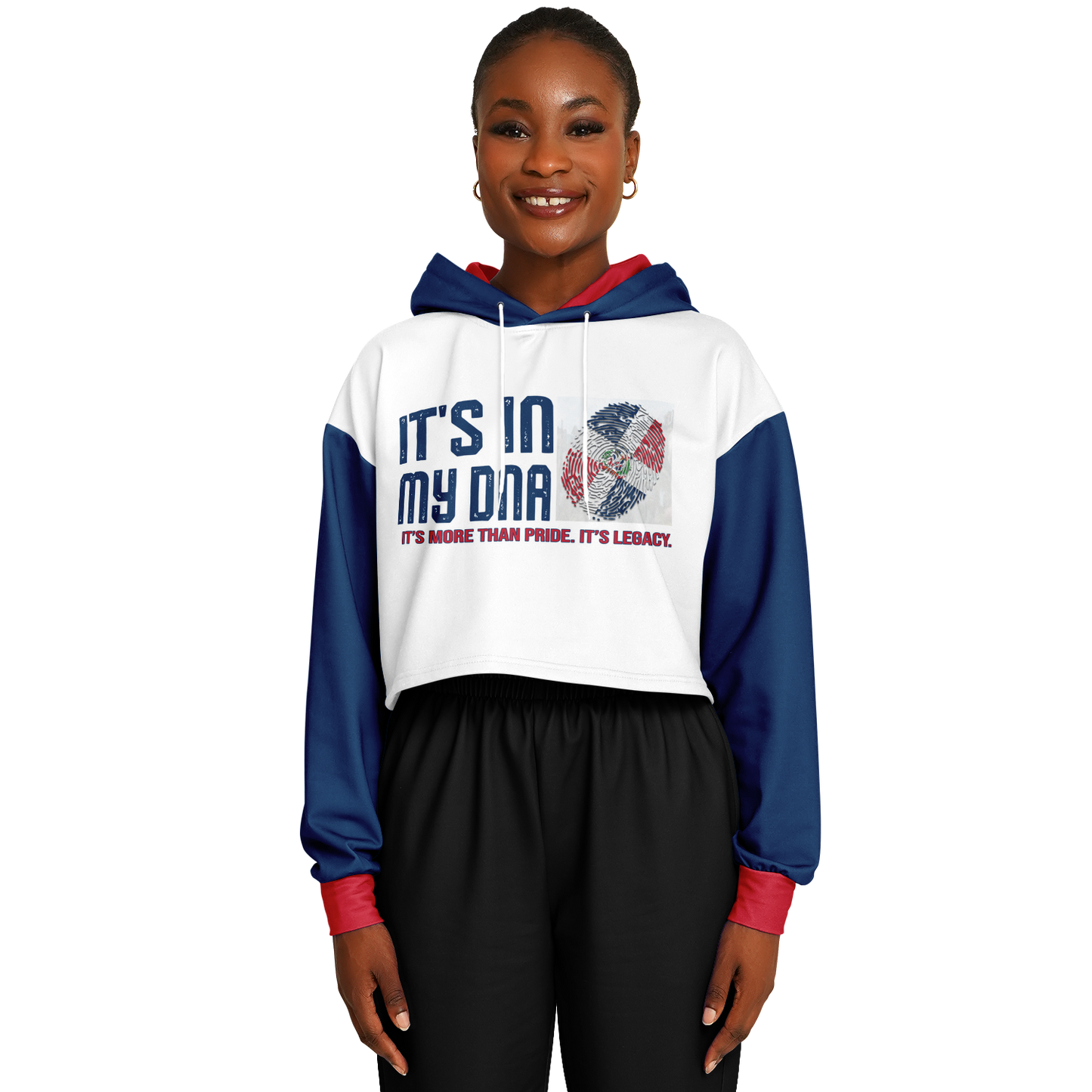 🇩🇴 It's In My DNA – Dominican Republic Cropped Hoodie (White/Blue/Red)