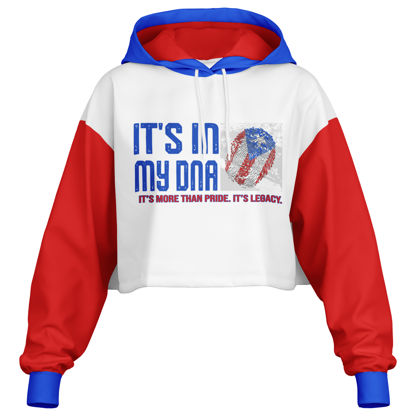 🇵🇷 It's In My DNA – Puerto Rico Cropped Hoodie (White/Blue/Red)
