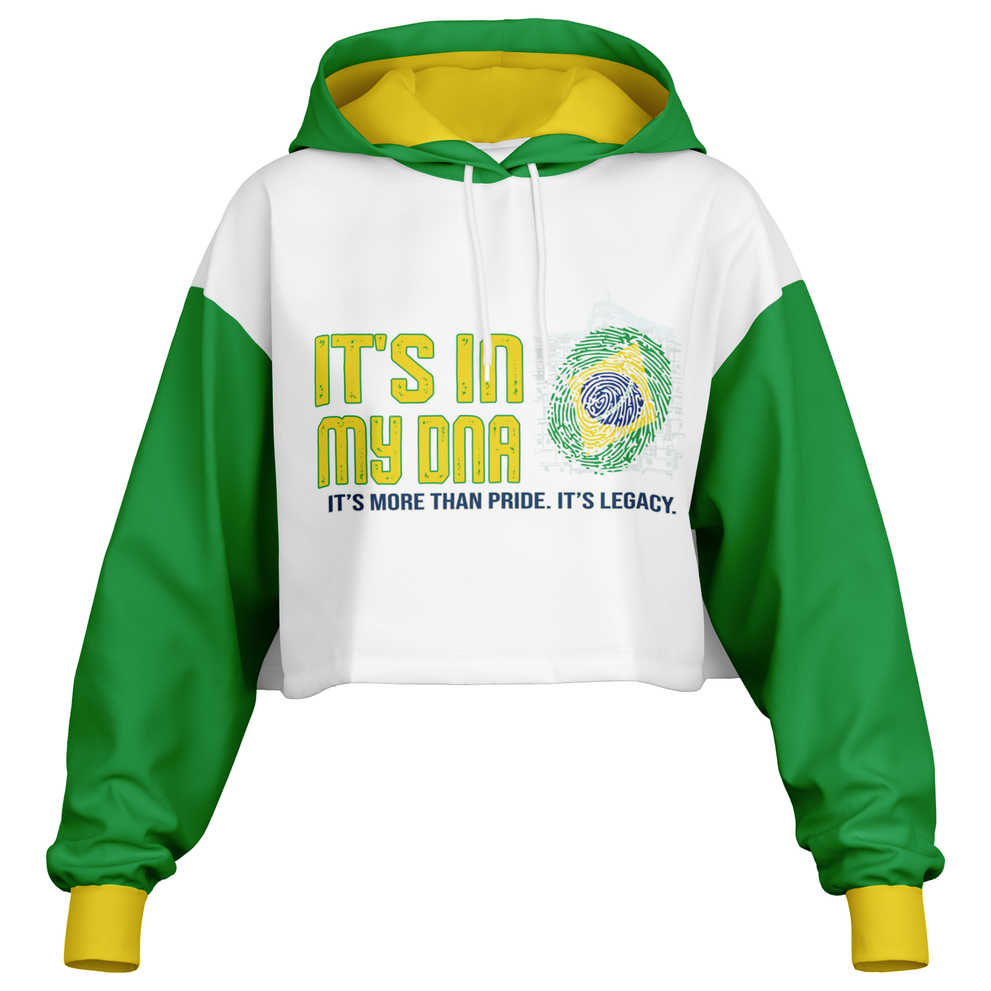 🇧🇷 It's In My DNA – Brazil Cropped Hoodie (White/Green/Yellow)