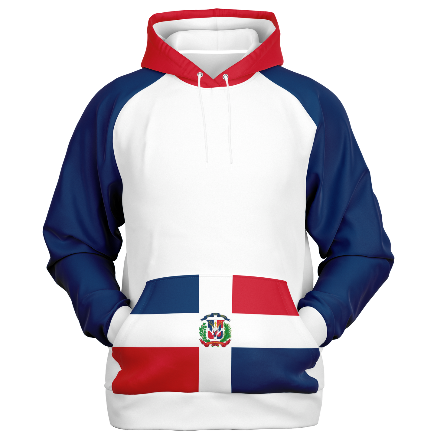 Sudadera con capucha raglán con bandera dominicana - Diseño Heritage con estampado integral unisex