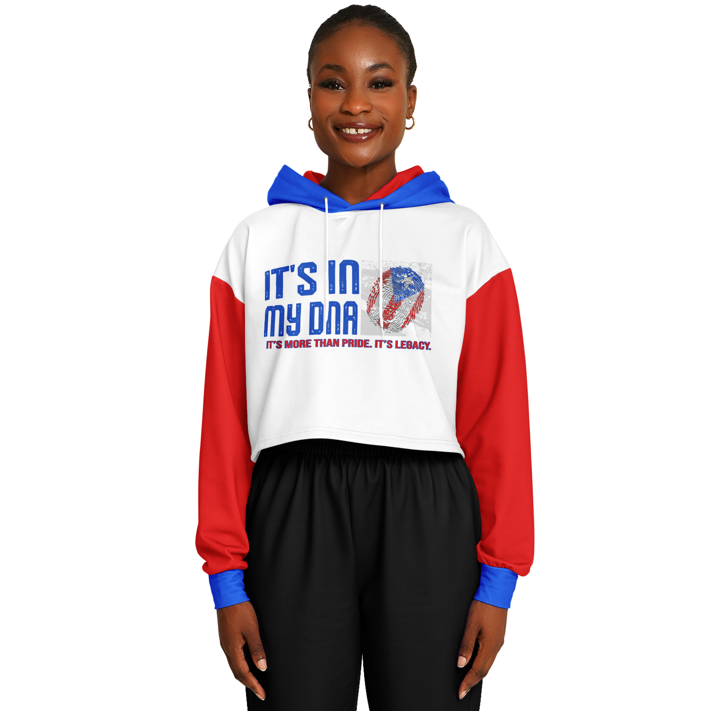 🇵🇷 It's In My DNA – Puerto Rico Cropped Hoodie (White/Blue/Red)
