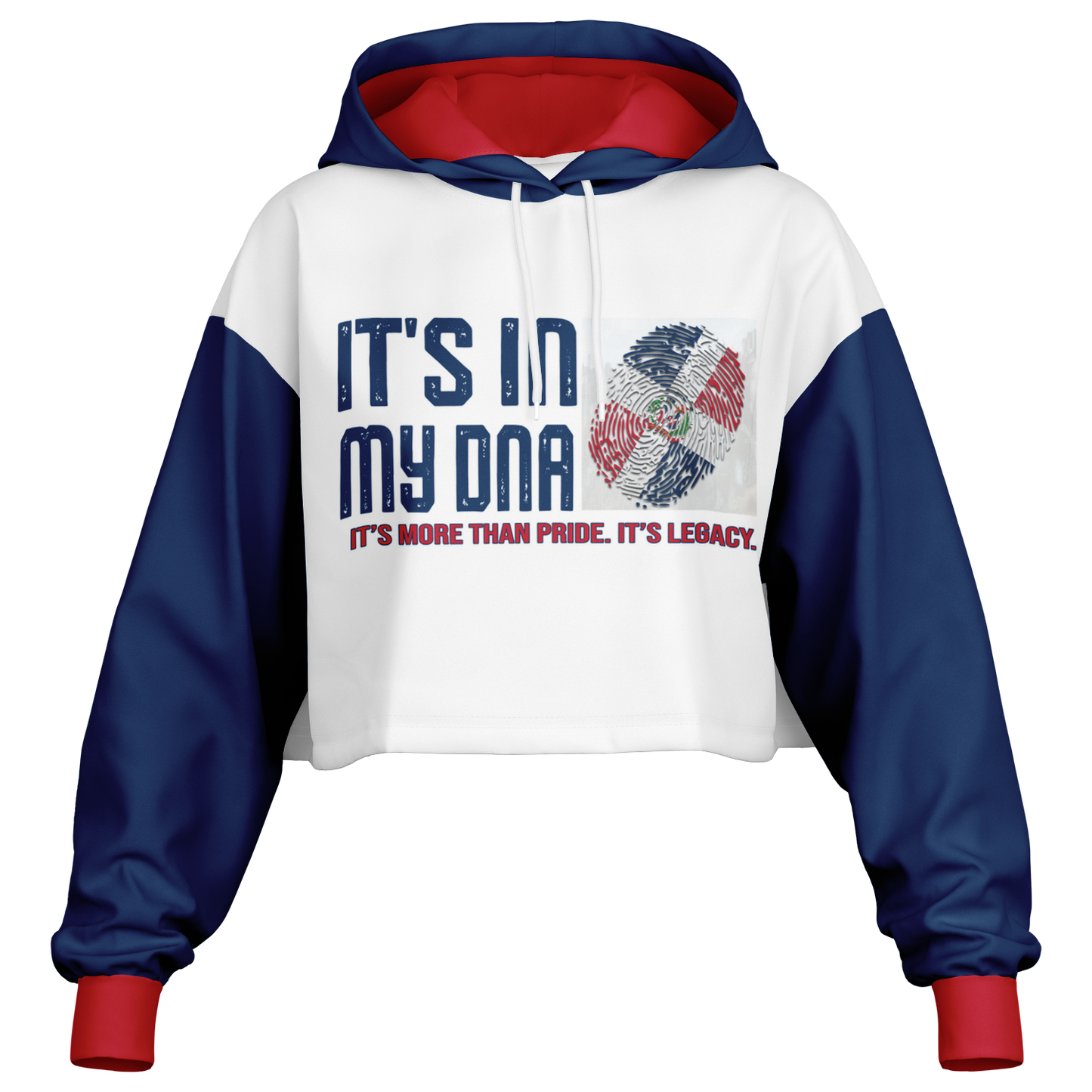🇩🇴 It's In My DNA – Dominican Republic Cropped Hoodie (White/Blue/Red)
