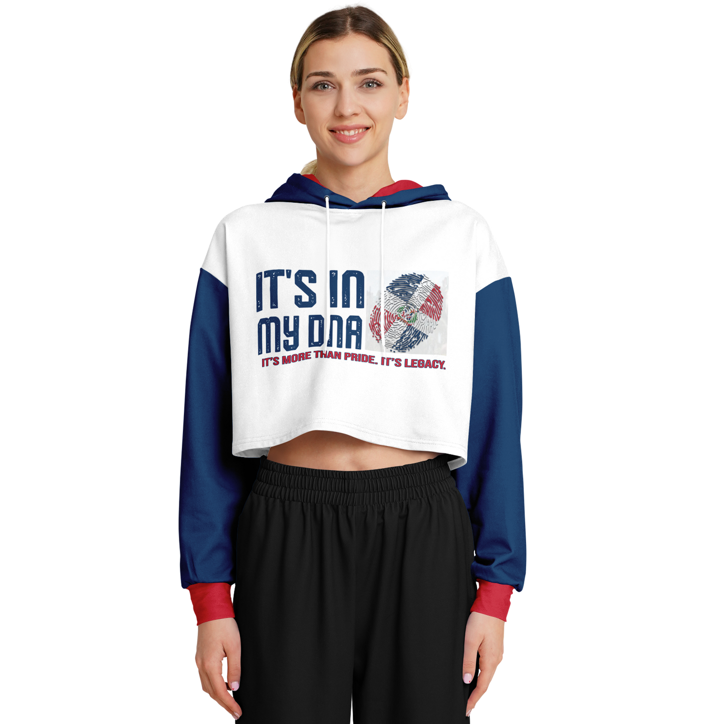 🇩🇴 It's In My DNA – Dominican Republic Cropped Hoodie (White/Blue/Red)