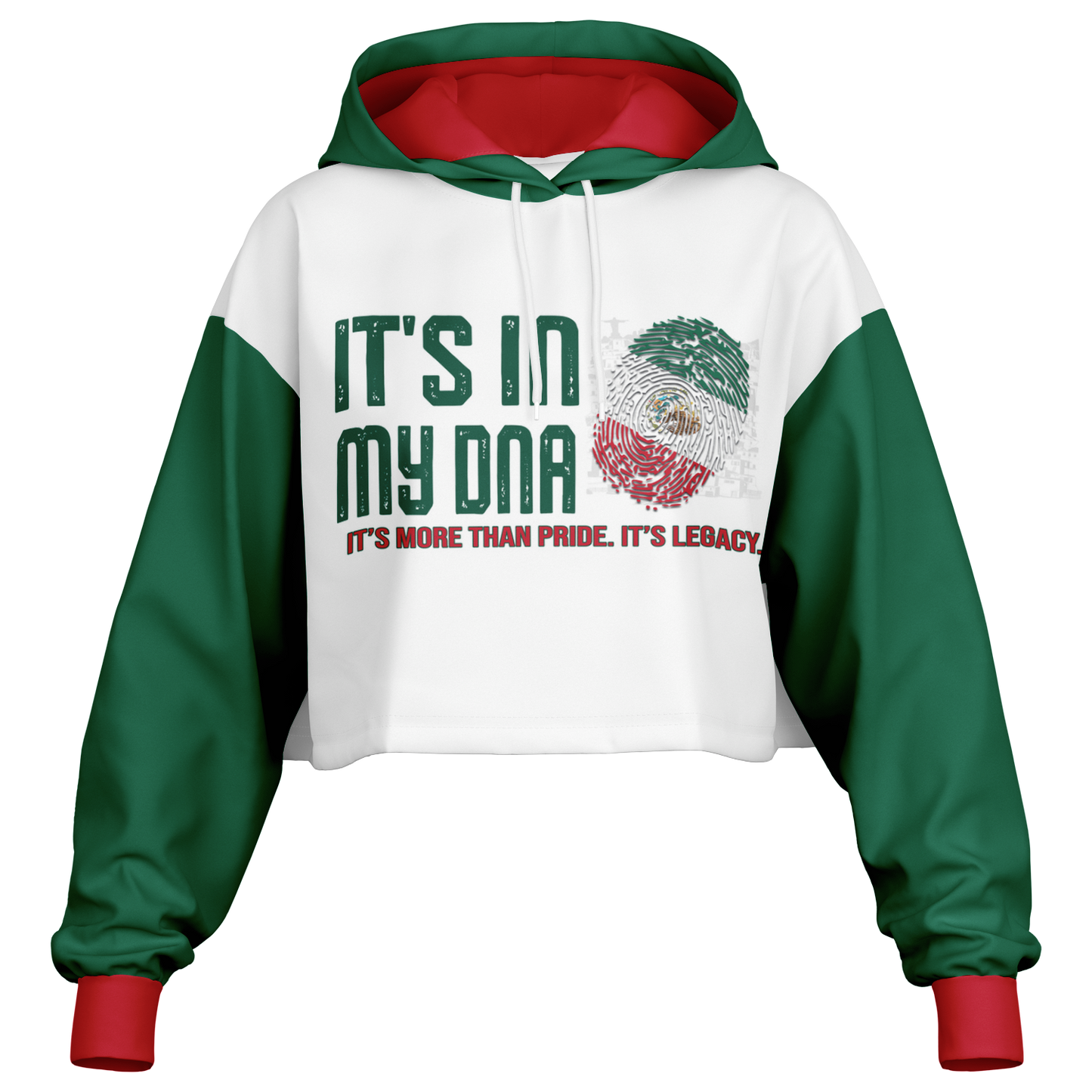 🇲🇽 It’s In My DNA – Mexico Cropped Hoodie (White/Green/Red)