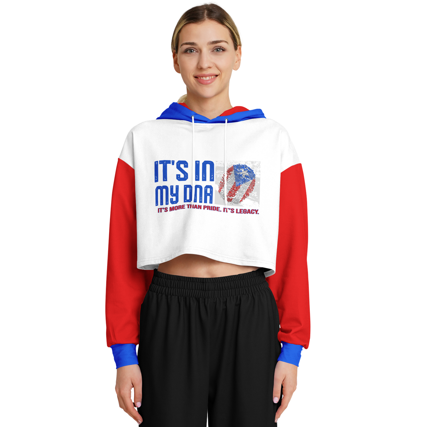 🇵🇷 It's In My DNA – Puerto Rico Cropped Hoodie (White/Blue/Red)