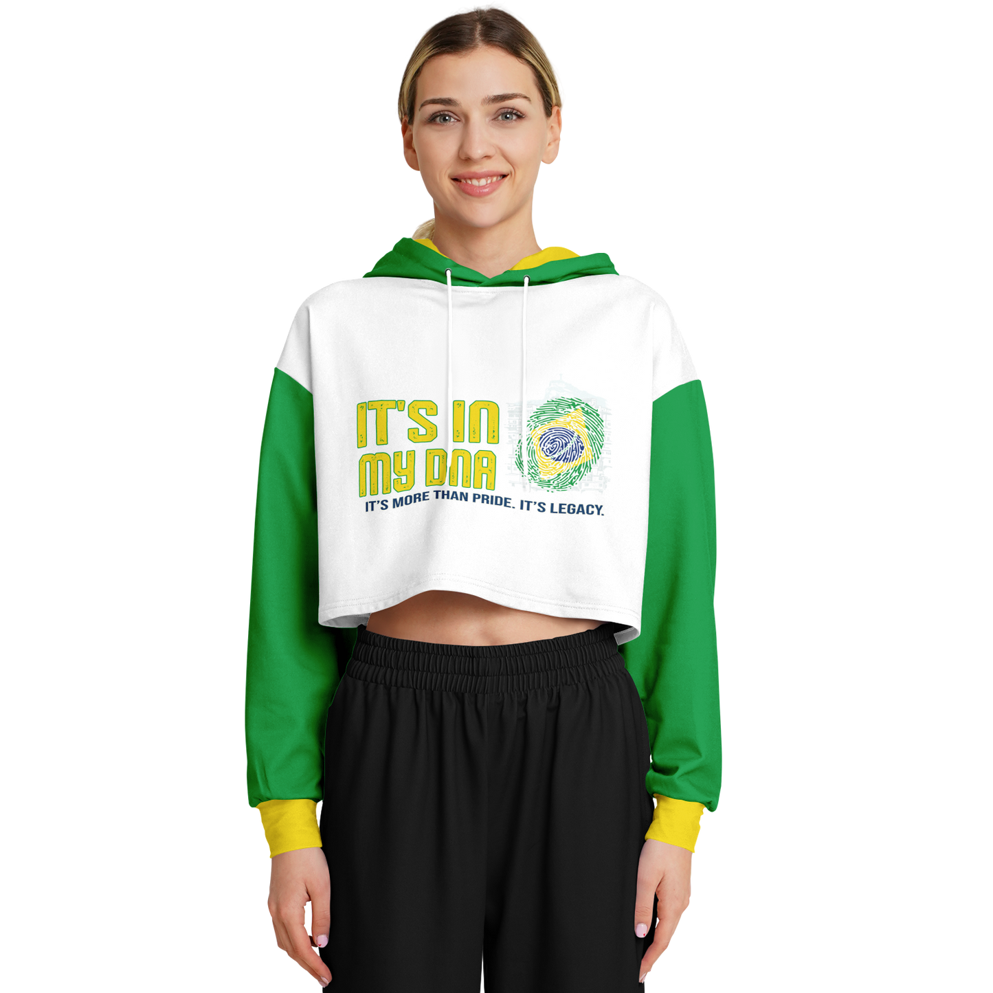 🇧🇷 It's In My DNA – Brazil Cropped Hoodie (White/Green/Yellow)