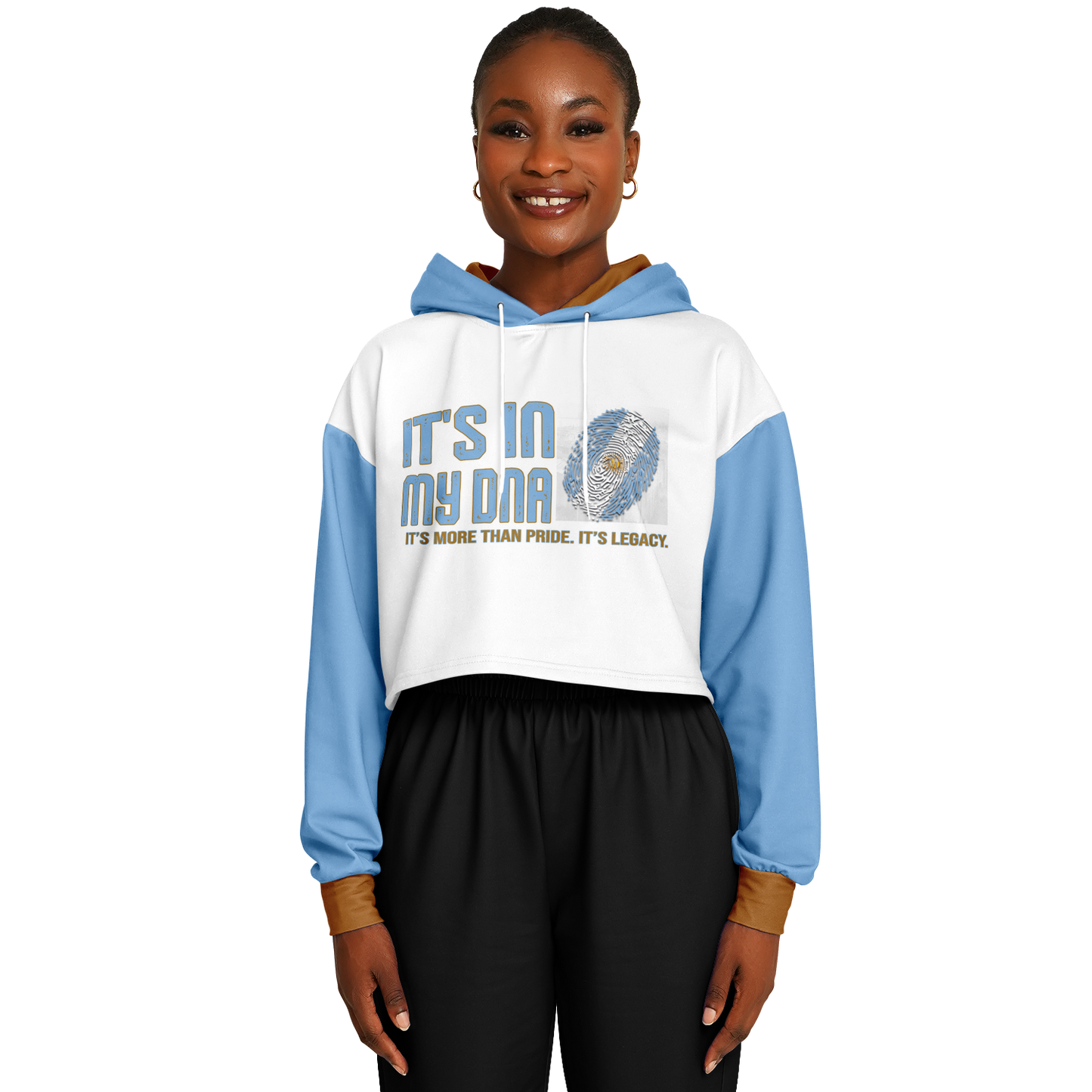 π¦π· Itβs In My DNA β Argentina Cropped Hoodie (White/Light Blue/Gold)