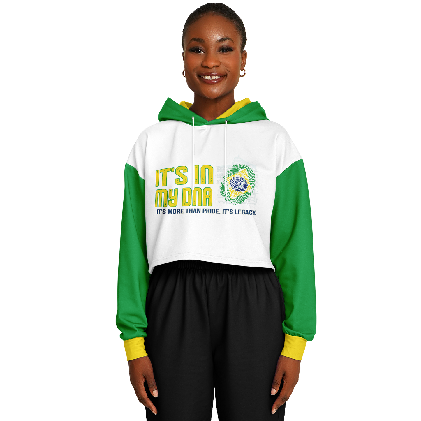 🇧🇷 It's In My DNA – Brazil Cropped Hoodie (White/Green/Yellow)