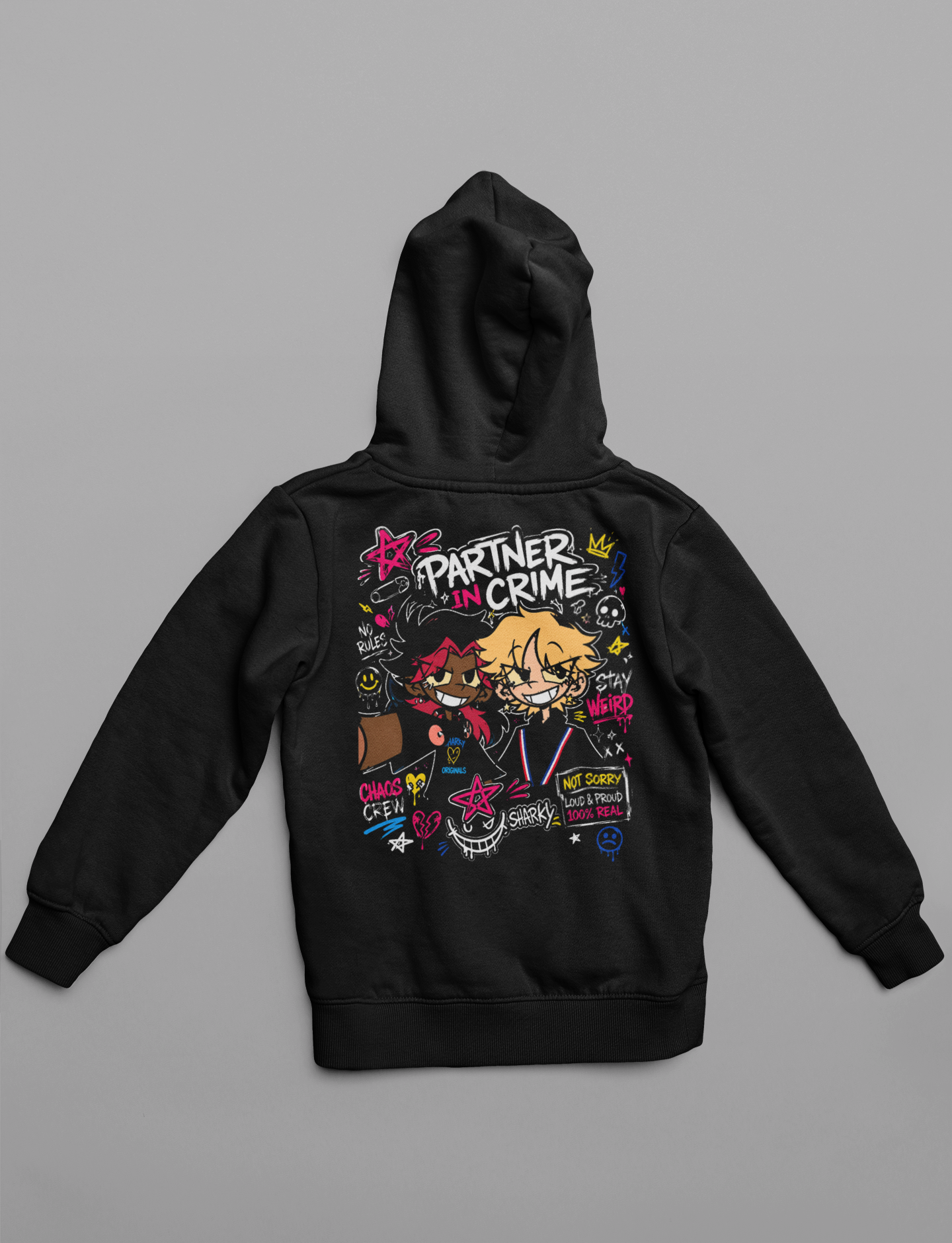 🦈 Sharky Originals™ – Partner In Crime Chaos Hoodie Anime Streetwear Pullover Hoodie | Graffiti Back Print | Y2K Chaos Aesthetic