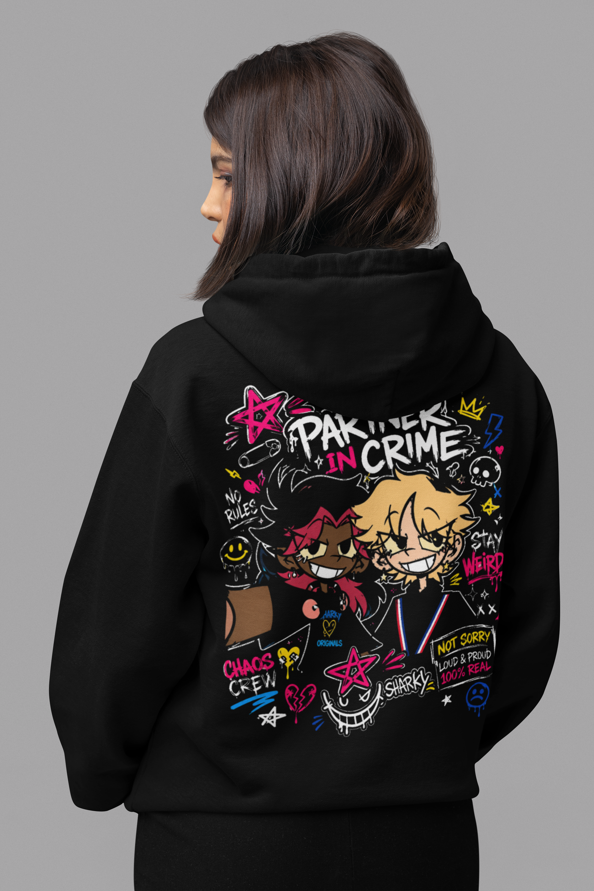 🦈 Sharky Originals™ – Partner In Crime Chaos Hoodie Anime Streetwear Pullover Hoodie | Graffiti Back Print | Y2K Chaos Aesthetic