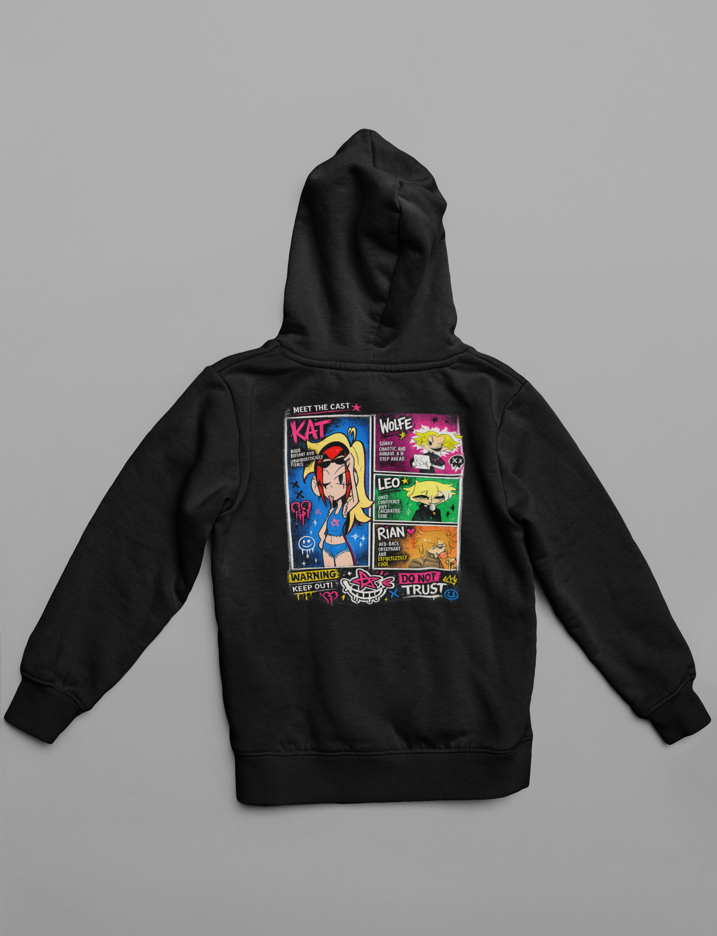 🦈 Sharky Originals™ – Meet The Cast Chaos Hoodie Kat, Wolfe, Leo & Rian Anime Streetwear Pullover