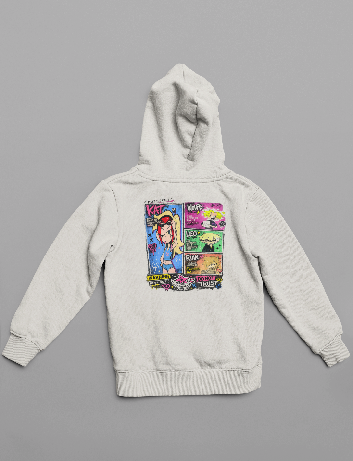 🦈 Sharky Originals™ – Meet The Cast Chaos Hoodie Kat, Wolfe, Leo & Rian Anime Streetwear Pullover