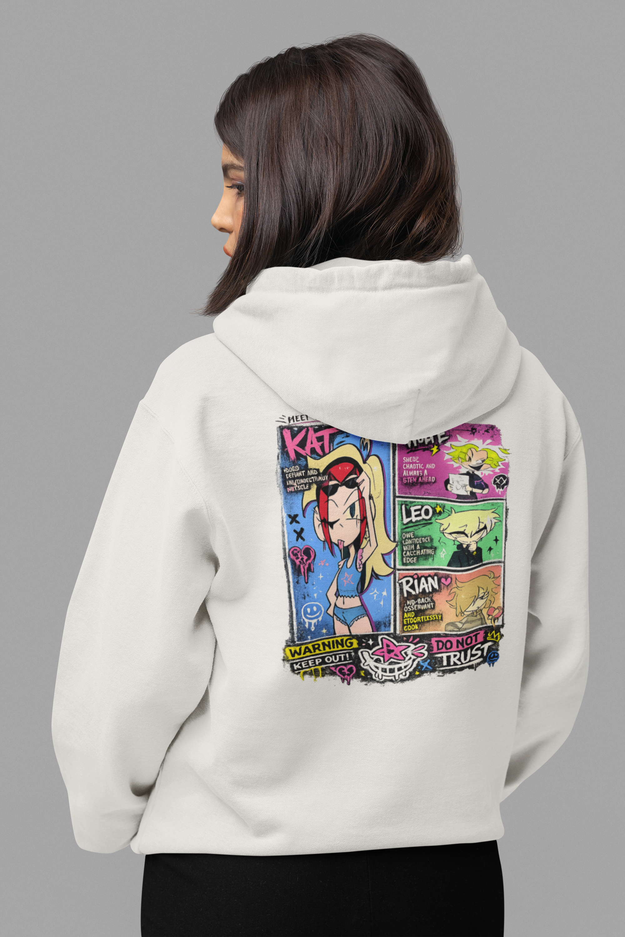 🦈 Sharky Originals™ – Meet The Cast Chaos Hoodie Kat, Wolfe, Leo & Rian Anime Streetwear Pullover