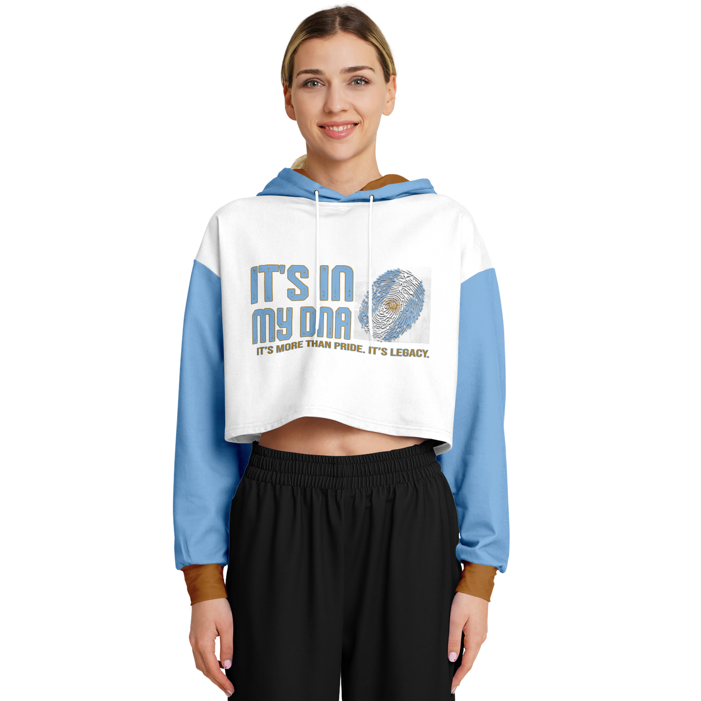 🇦🇷 It’s In My DNA – Argentina Cropped Hoodie (White/Light Blue/Gold)