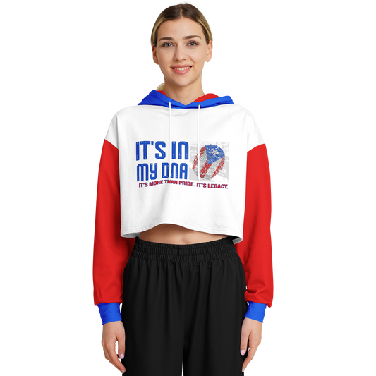 🇵🇷 It's In My DNA – Puerto Rico Cropped Hoodie (White/Blue/Red)