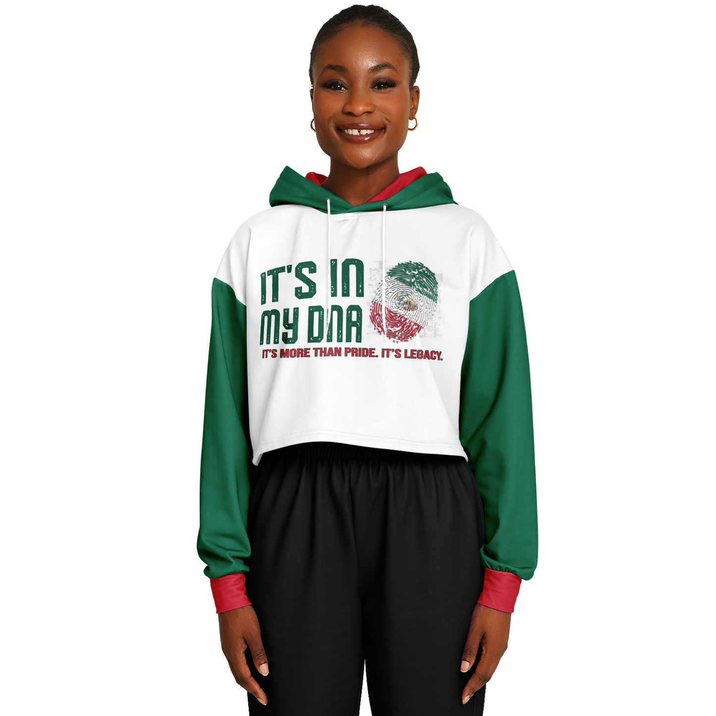 🇲🇽 It’s In My DNA – Mexico Cropped Hoodie (White/Green/Red)