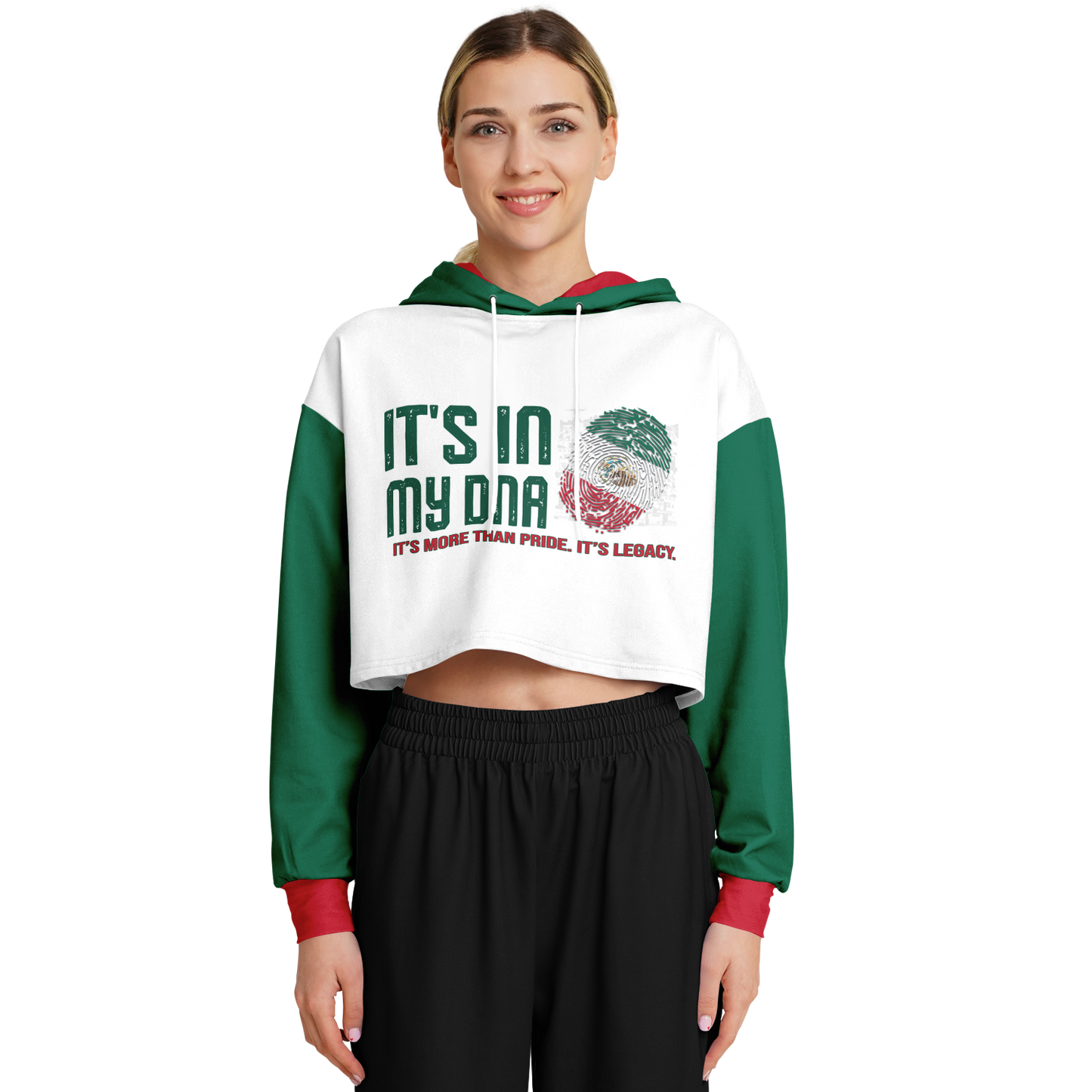 🇲🇽 It’s In My DNA – Mexico Cropped Hoodie (White/Green/Red)
